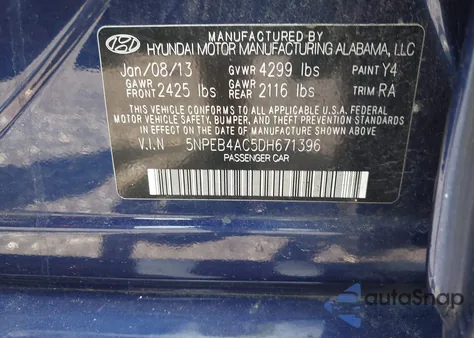 2013 Hyundai Sonata Gls from USA, damaged, VIN 5NPEB4AC5DH671396